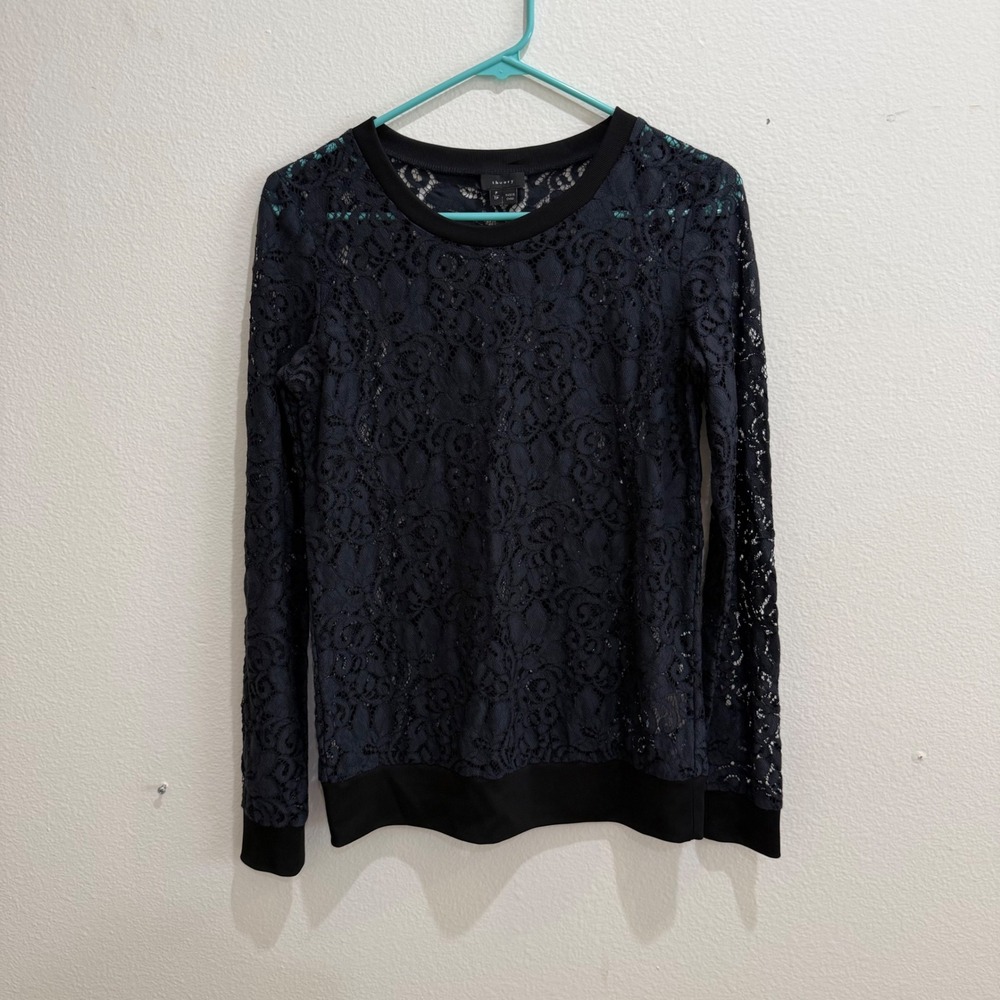 Theory Navy Blue Floral Lace Long Sleeve Crewneck Top Size P TP